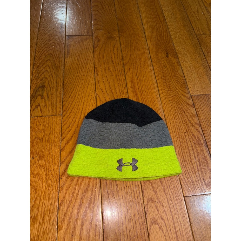 Under Armour Mens Beanie Knit Hat Neon Yellow Grey Black Colorblock Lined